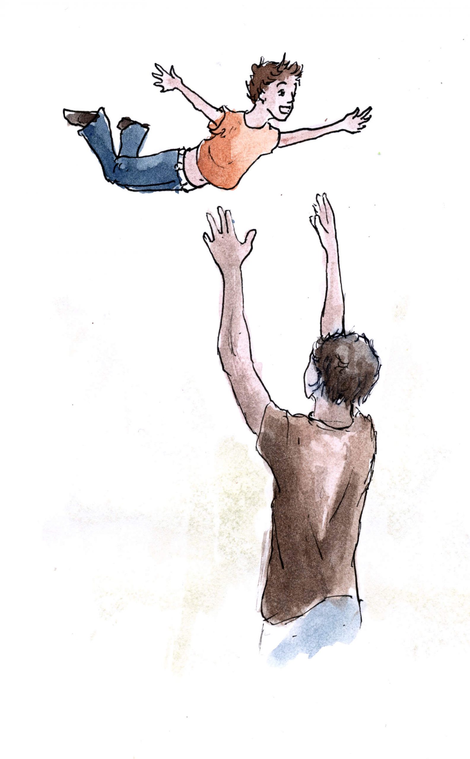 water color dad throwing son in the air