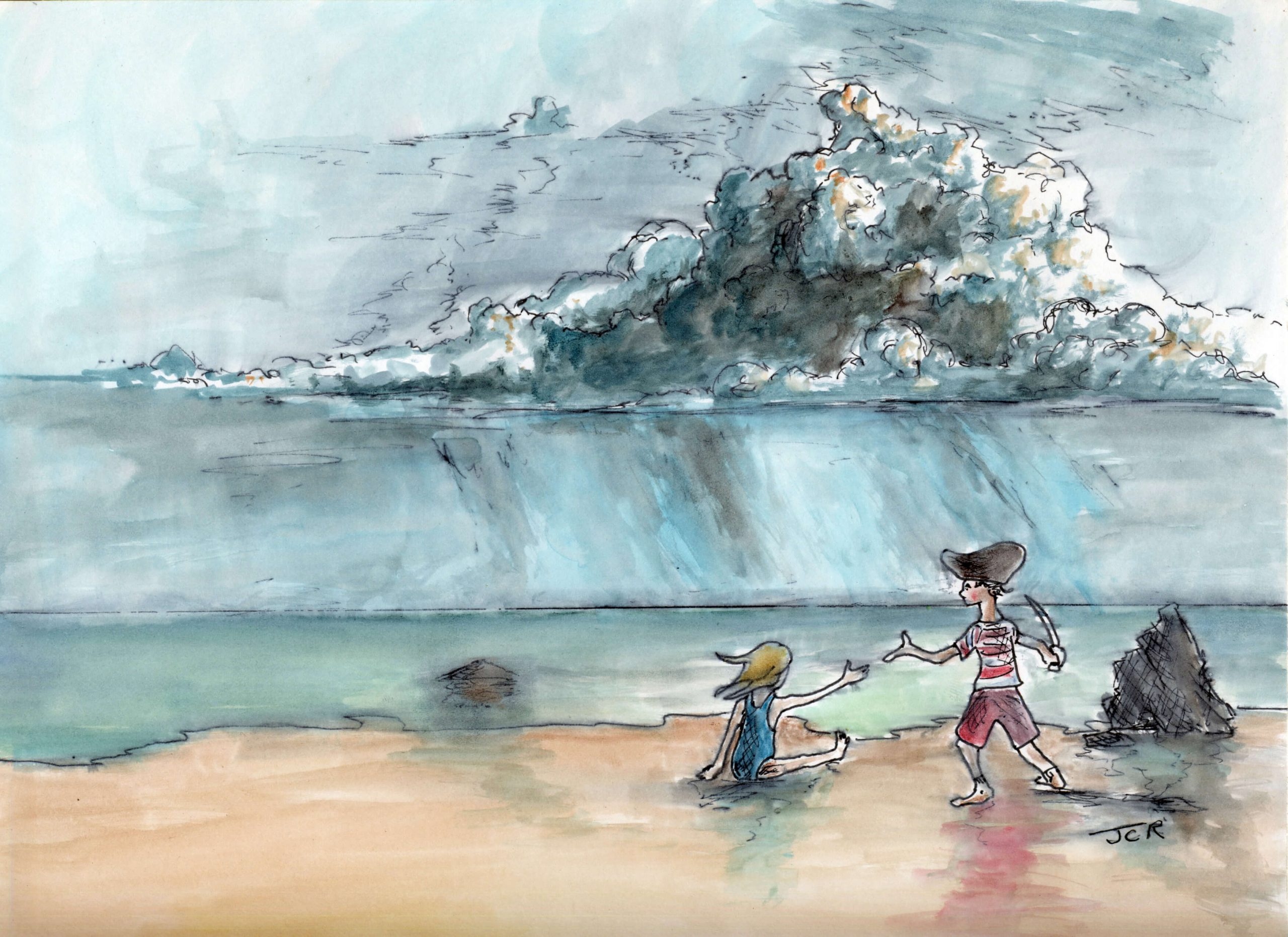 water color kids on beach 