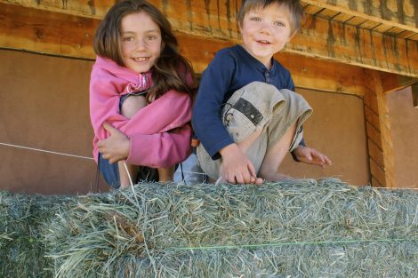 two kids on top of hay, grinning