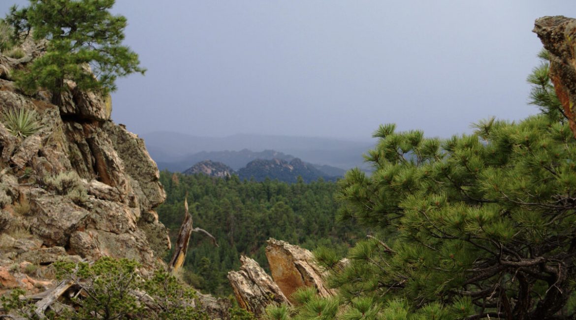 Scenery with rocks and trees and distant valley.